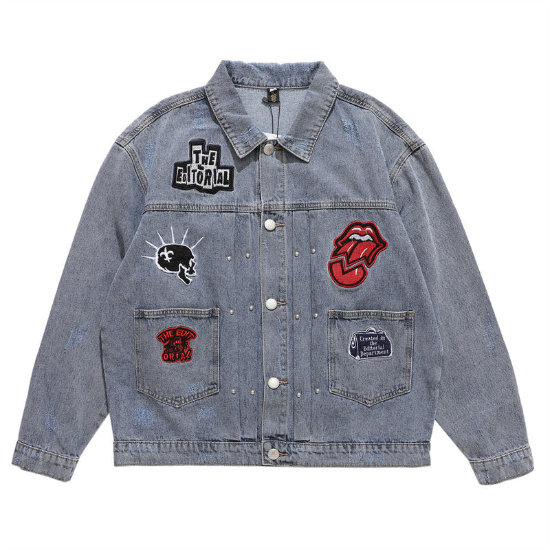 Men Denim Jacket Embroidered Denim Jacket Men's Loose Outer Wear Jacket