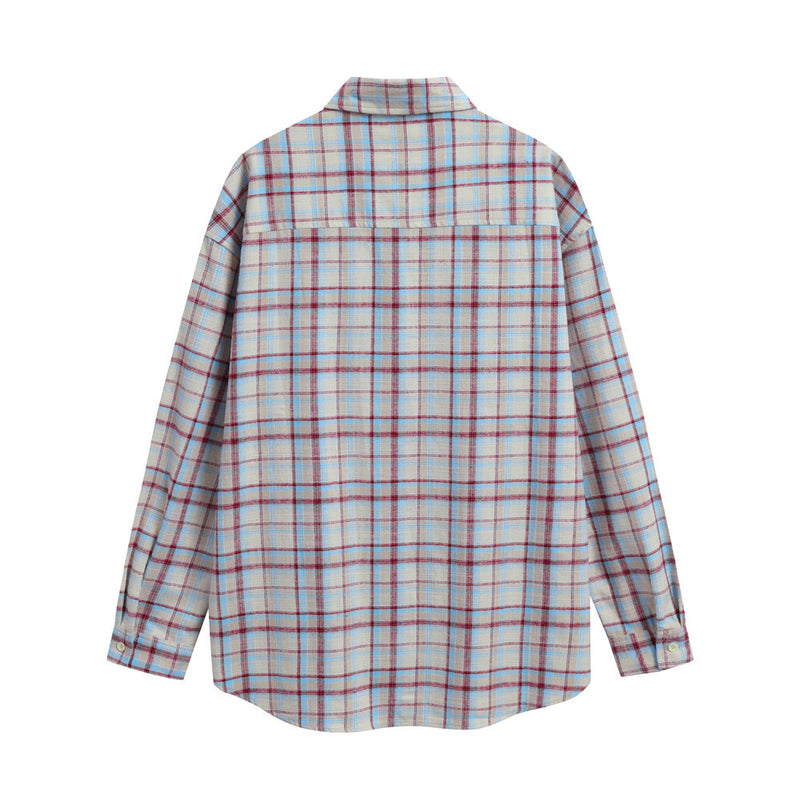 Men Long Sleeved T Shirt Plaid Long Sleeve Shirt Men's Casual Loose Spring and Autumn Embroidered Shirt Coat