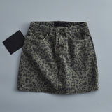 Women Skirt Autumn Vintage Leopard Print Denim Skirt Skirt