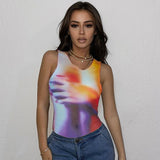 Women Jumpsuit Fashion Mesh Printed Slim round Neck Sleeveless Leotard