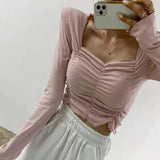 Women Long Sleeve Shirt Short V-neck Base Shirt Solid Color Slim Fit
