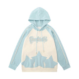 Men Hoodie Color Contrast Patchwork Raglan Sleeve Hooded Pullover Hip Hop Street Fashion Five-Pointed Star Paste Cloth Embroidery