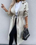 Plaid Trench Coat Autumn and Winter Long Sleeve Button Lapel Keep Warm Pure Color Long Woolen Coat