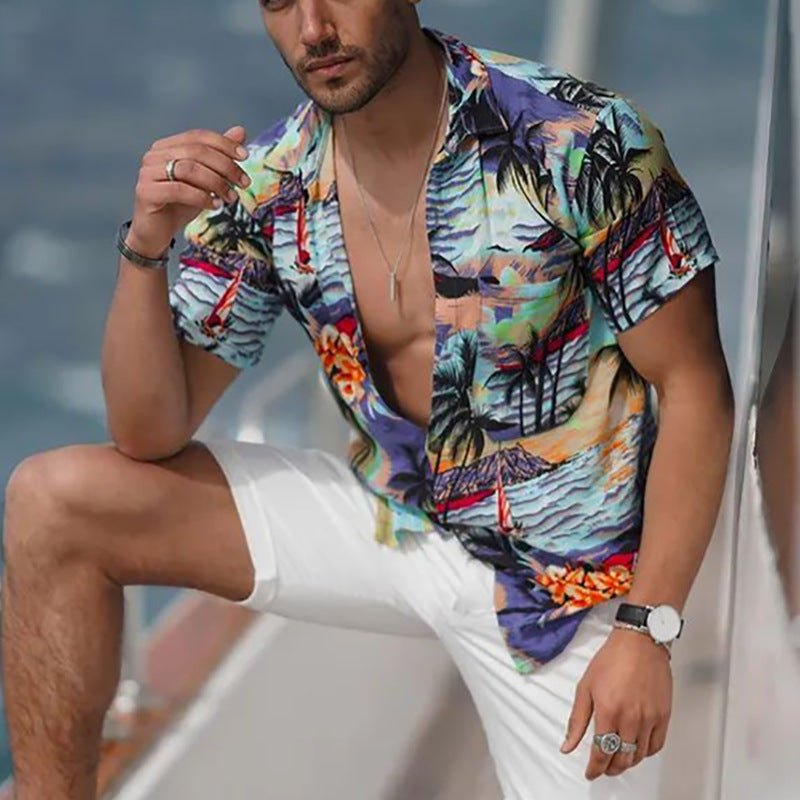 Men Shirt Summer Retro Printed Shirt Men's Short Sleeve Lapel Shirt