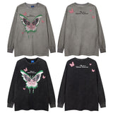 Men Long Sleeve Shirt Butterfly Graffiti Printing Washed Bottoming Long Sleeve T-shirt Oversize Men and Women Ins