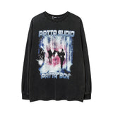 Men Long Sleeve Shirt Personality Vintage Print Distressed Long Sleeve T-shirt Men and Women Loose