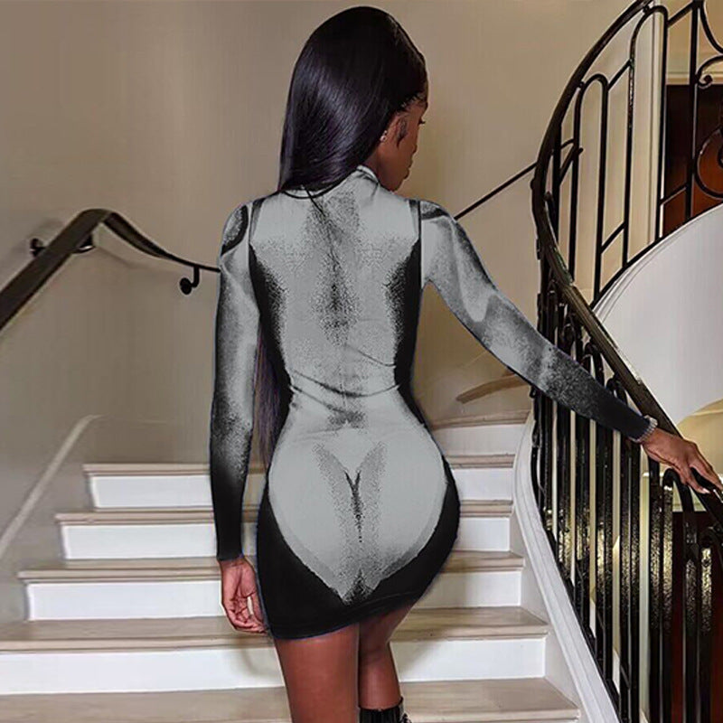 Women Dresses Spring Printed round Neck Sheath Long Sleeve Dress
