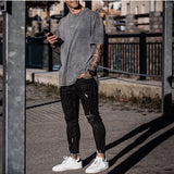 Men T Shirt Summer Loose Gray Casual Collarless