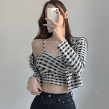 Women Long Sleeve Shirt Classic Style Plaid Camisole Coat Cardigan