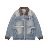 Men Denim Jacket Men's Loose Lapels Washed and Worn Denim Jacket