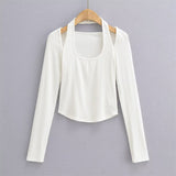 Women T-Shirt Halter U-Neck Long-Sleeved Fitted Short T-shirt