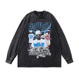 Men Long Sleeve Shirt Hiphop Printed Washed Long Sleeve T-shirt Men and Women Hip Hop Retro