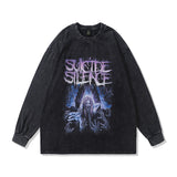 Men Long Sleeve Shirt High Street Vintage Poster Print Worn Looking Washed-out Long Sleeve T-shirt Men and Women Hip Hop