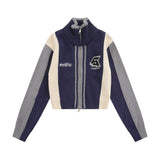 Women Sweater Color Block Embroidery Short Autumn Long Sleeve Sweater