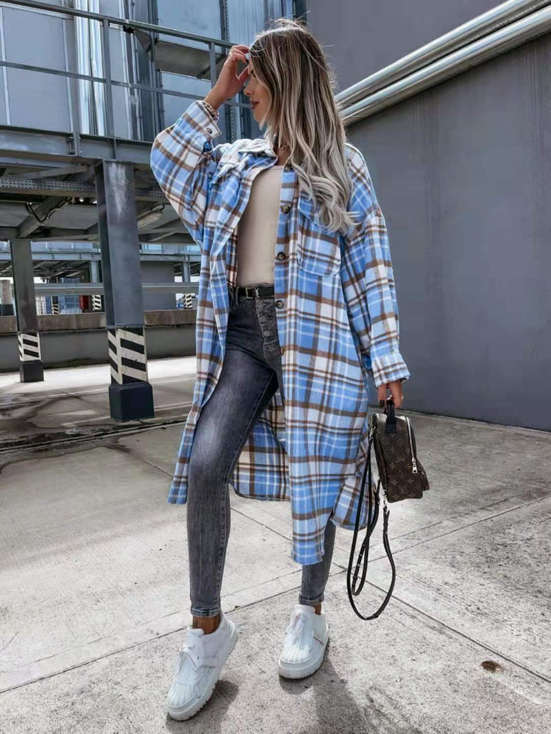 Plaid Trench Coat Fashionable Lengthened Plaid Shirt Women's Coat