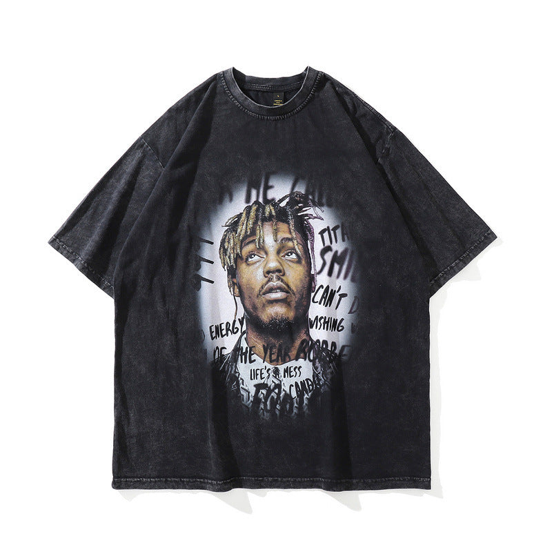 Men T Shirt Worn Looking Washed-out Portrait Short-Sleeved T-shirt Men Hiphop