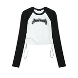 Women Long Sleeve T-Shirt Letters Embroidered Long Sleeve T-shirt Women's round-Neck Color Matching Short