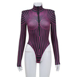 Women Jumpsuit Long Sleeve Fluorescent Jumpsuit Striped Top