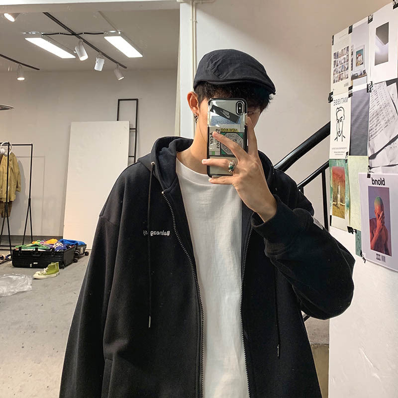 Men Hoodie Sweater Men Hong Kong Style Loose Casual Long Sleeves Cardigan