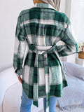 Plaid Trench Coat Casual Contrast Color Plaid Long-Sleeved Woolen Coat