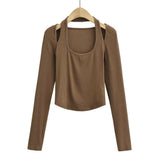 Women T-Shirt Halter U-Neck Long-Sleeved Fitted Short T-shirt