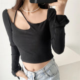 Women T-Shirt Long Sleeve Woman Square-Neck Slimming Cropped T-shirt