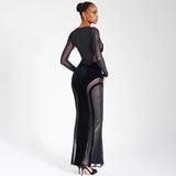 Women Dresses Fashion Sexy Slim Long Sleeve Mesh Stitching