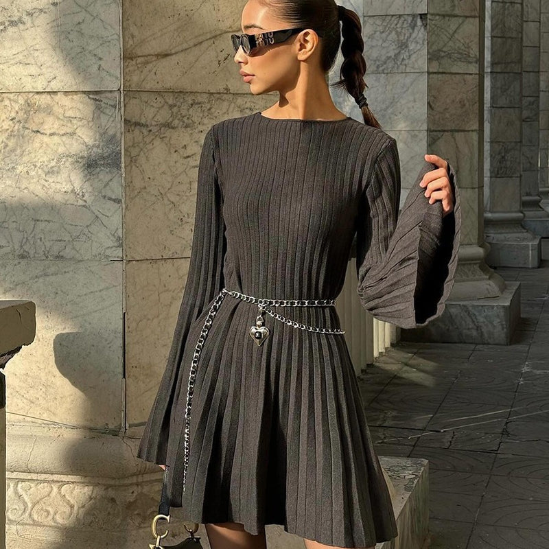 Women Sweater Dress round Neck Knitted Dress Short Skirt Slimming High Waist Long Sleeves