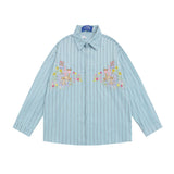 Men Long Sleeved T Shirt Cartoon Vertical Striped Long Sleeve Shirt Boys Casual Loose Lapels Shirt Ins Spring and Autumn