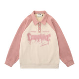 Men Hoodie Color-Block Raglan Sleeves Lapel Sweater Long Sleeve Pullover Polo Collar Loose Top