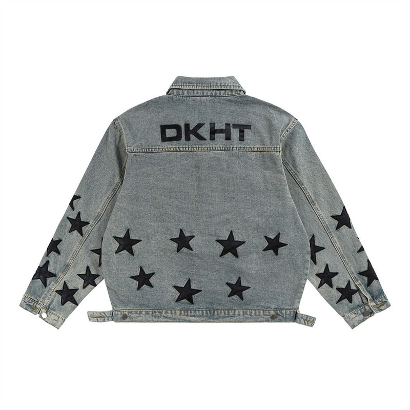 Men Denim Jacket XINGX Embroidered Stitching Denim Clothes Jacket Men's Autumn and Winter Washed and Worn Coat