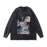 Men Long Sleeve Shirt Cartoon Printed Washed and Worn Long Sleeve T-shirt Men and Women Hiphop Loose