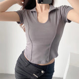 Women T-Shirt Polo Lapel Fitted Short T-shirt Short Sleeve Top