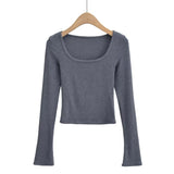 Women T-Shirt T-shirt Top Spring Bottoming Square-Cut Collar Slimming Long Sleeve