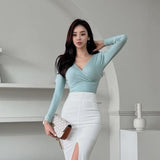 Women Long Sleeve Shirt V-neck Top for Women Short-Sleeved T-shirt