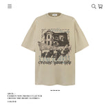 American vintage street T-shirt graffiti print men and women summer loose pure cotton