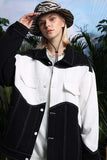 Unisex Jacket Autumn Black and White Contrast Color Twill Coat Women's Clothing