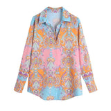 Women T-shirt Summer Lapels Printed Long Sleeve Shirt Cardigan