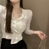 Women Long Sleeve Shirt Long Sleeve Cardigan Threaded Short Top Women's Lapel