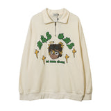 Men Hoodie Cartoon Character Puff Print Lapel Sweater Loose Half Zipped Stand Collar Pullover