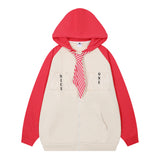 Men Hoodie Color Matching Cardigan Sweater Boys Loose Tie Decoration Long Sleeve Hooded Jacket