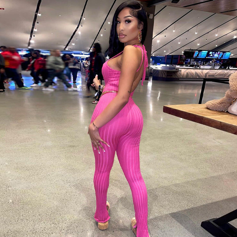 Women Jumpsuit Summer Fashion Sexy Backless Lace up Solid Color Jumpsuit