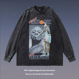Men Long Sleeve Shirt Portrait Printing Washed Long Sleeve T-shirt for Men and Women