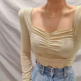 Women Long Sleeve Shirt Short V-neck Base Shirt Solid Color Slim Fit