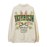 Men Hoodie Rose Flower Letter Print Sweatshirt Men's Loose Lapels Half Zip Pullover