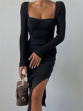 Women Sweater Dress Autumn and Winter Long Sleeve Tight Square Collar Woolen Skirt