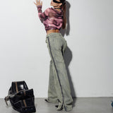 Women Cargo Pants Stitching Distressed Straight Wide Leg Jeans for Women