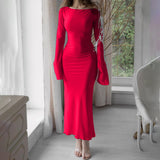 Women Dresses Sexy Strapless Long Sleeve Patchwork Slit Long Dress