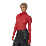 Women Jumpsuit Turtleneck Long Sleeve Mesh Slim Fit Jumpsuit