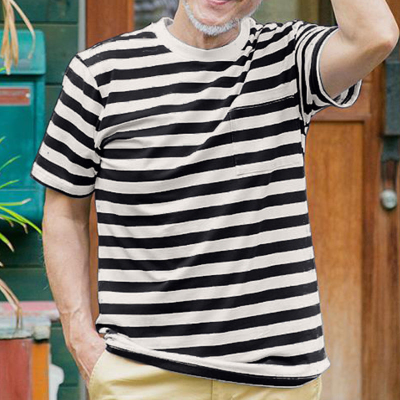 Men T Shirt Short Sleeve T-shirt Black and White Striped round Neck